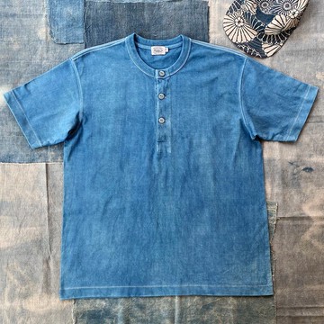 MajorFolk 日系復古 藍染洗水做舊靛藍色全棉重磅男短袖亨利領TEE
