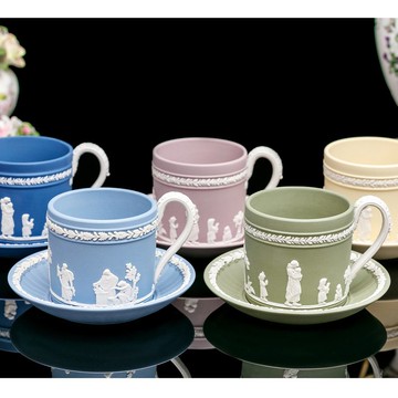 英國製Wedgwood 手工經典巔峰工藝 碧玉浮雕 咖啡杯碟組