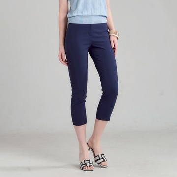 CLL巧玲瓏 弧線素面竹節紗休閒褲(深藍色) 6011917