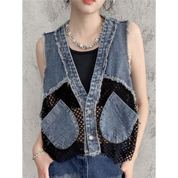鏤空網格拼接v領牛仔馬甲女夏歐貨炸街寬松毛邊短款無袖馬夾外套