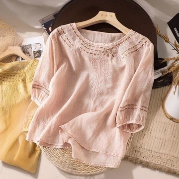 台灣现貨 80kg涼感上衣 圓領上衣 刺繡上衣 棉麻上衣 夏季薄款上衣 顯瘦T恤 大碼上衣 寬鬆上衣 輕薄透氣短袖上衣