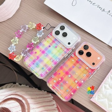 ins韓系 彩格星星紋 手環鏈條 適用 蘋果 iPhone 18 17 16 15 14 13 Pro Max 手機殼