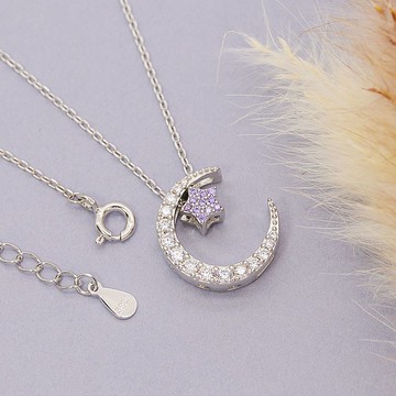 Devalier 誕生石項鍊女士配飾金925 水晶月亮星星環繞銀生日禮物紫水晶色