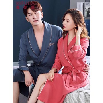 喜芙嘉情侶睡袍女春秋純棉性感浴袍簡約睡衣男新婚家居服男女秋季