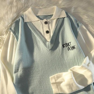 假兩件毛衣男女韓版寬松日系港風polo領學院情侶裝慵懶風針織外套新款【聚寶屋】