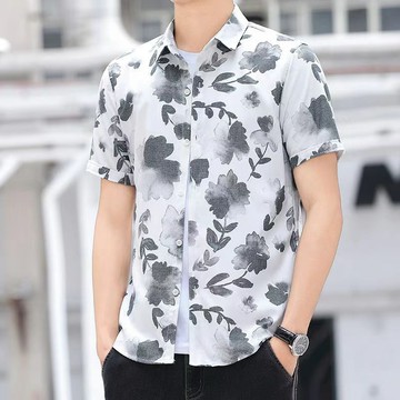 男裝夏季新款短袖格子襯衫男士薄款休閒修身免燙襯衣韓版青年寸衫上衣