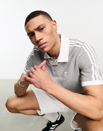 adidas Originals adicolor classics 3 stripe polo top in grey