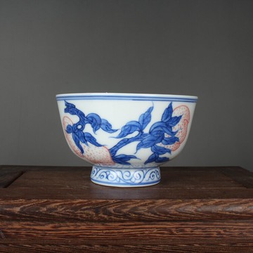 仿古清康熙青花釉里紅壽桃紋茶杯主人杯景德鎮古玩古董陶瓷器收藏