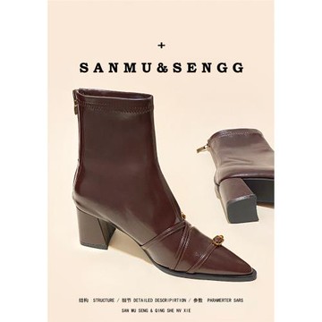 紅棕色粗跟短靴女尖頭時裝靴2025年秋冬新款百搭西部后拉鏈單靴子