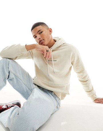 Selected Homme hoodie with embroidered logo in beige-Neutral