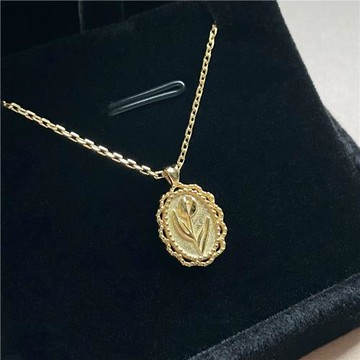 MissNan法式復古郁金香項鏈女925純銀鍍18k金高級感圓牌吊墜頸鏈
