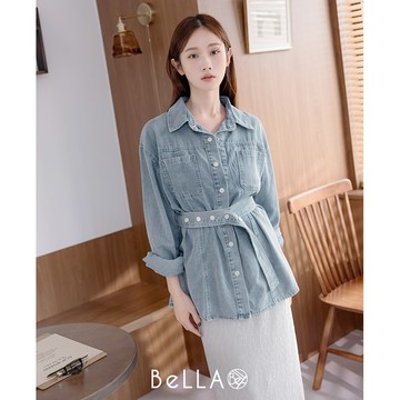 【早春新品】BeLLA 銀釦腰帶牛仔外套 淺藍
