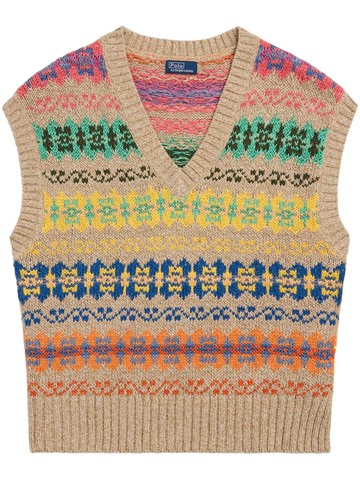 Polo Ralph Lauren - fair isle short-sleeved jumper - women - Wool/Cashmere/Other fibres/Linen/Flax/Cotton - XXL - Neutrals