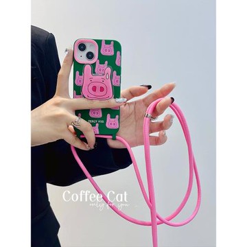 搞怪粉色豬頭掛繩斜挎適用蘋果14手機殼可愛支架iphone14promax可背掛脖13背帶斜跨12手提鏈條11可調節芭比粉