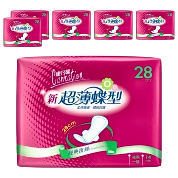 康乃馨 新超薄蝶型衛生棉 護翼型  夜用型(28cm)  14片  6包