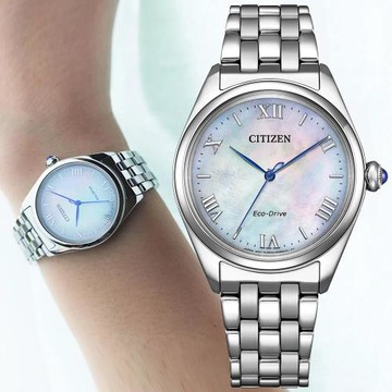 CITIZEN星辰 L系列 光動能 優雅白蝶貝腕錶 EM1140-80D