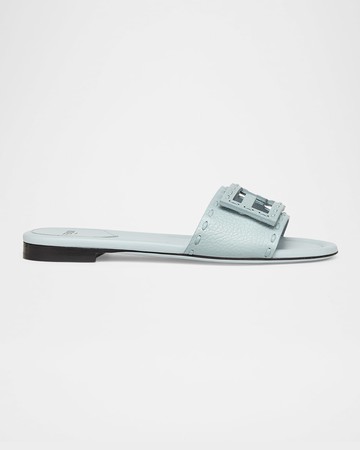 FF Leather Buckle Flat Slide Sandals
