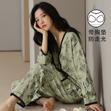 帶胸墊睡衣女春秋款2024新款高級感純棉可外穿韓范家居服套裝冬季