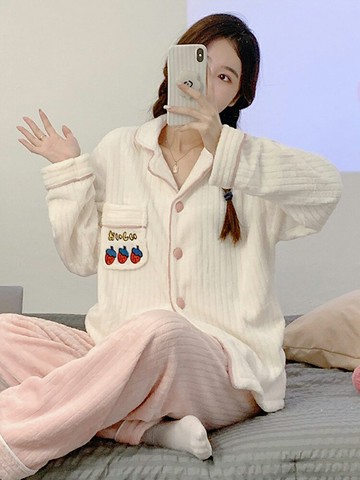 睡衣女士春秋冬季珊瑚絨加厚加絨可愛年新款法蘭絨套裝家居服