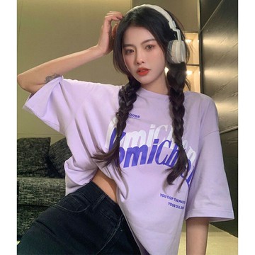 純棉短袖T恤日系復古白色半袖女夏季紫色寬松港味chic體恤上衣潮