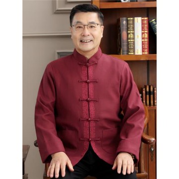 中老年男士唐裝長袖刺繡外套棉衣秋冬季寬松休閑中式立領棉服棉襖