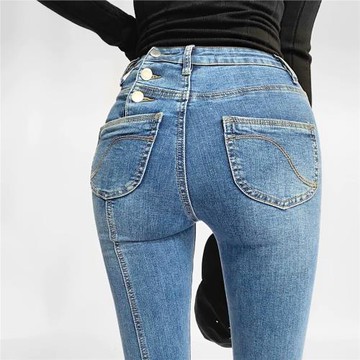 2021秋季新款高品質彈力提臀牛仔褲高腰修身顯小腳瘦鉛筆褲九分褲