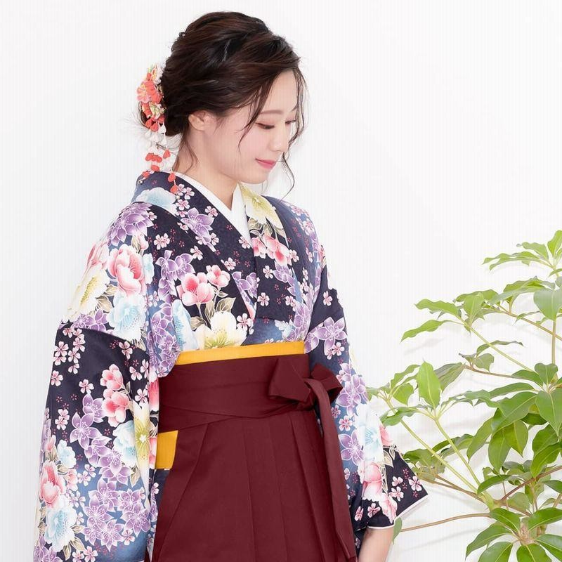 KYOETSU キョウエツ 袴 二尺袖着物 花和柄 無地袴 3点 着物 袴 袴下帯 レディース 袴 M 04B×袴:臙脂 袴下帯:ピンク×黄 
