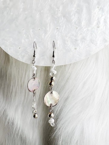 優雅銀白氣質天然貝殼 18k包金 原創手作小眾 串珠耳環配飾品