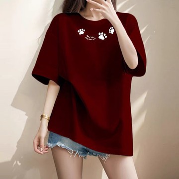 伊人衣舍 大尺碼上衣 純棉 中長款 美式短袖T恤 女生衣服 夏季新款 寬鬆長版短袖t恤 中大尺碼 上衣 印花T恤