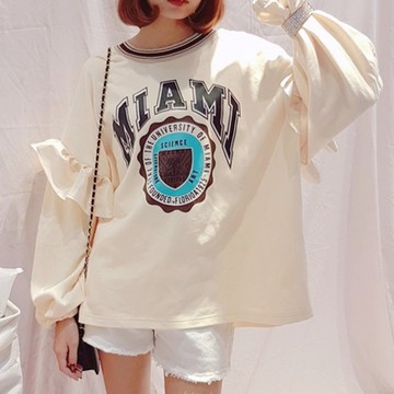 BBHONEY 韓國東大門款荷葉邊長袖字母印花上衣