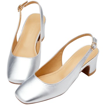 【Grace Gift】復古方頭素面後空中跟鞋 銀