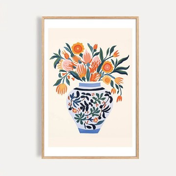 盛開的秘密 / 現代美學 青花瓷瓶與橙色繁花 藝術裝飾畫
