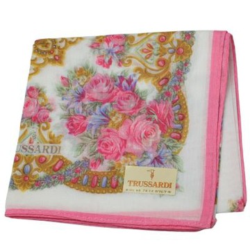 TRUSSARDI 白底亮粉滾邊色華麗寶飾花團花卉字母LOGO圖騰帕領巾(50CM)