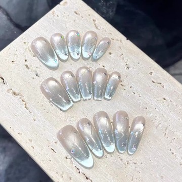 💗台灣出貨💗【白月梵星】藍色綿密貓眼美甲中長款高階感顯白純手工穿戴甲新款
