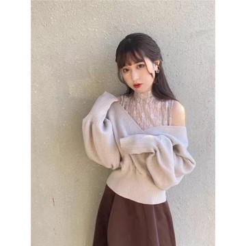 GRL新款女日系甜美蕾絲領顯瘦落肩袖純欲針織衫假兩件毛衣iz280