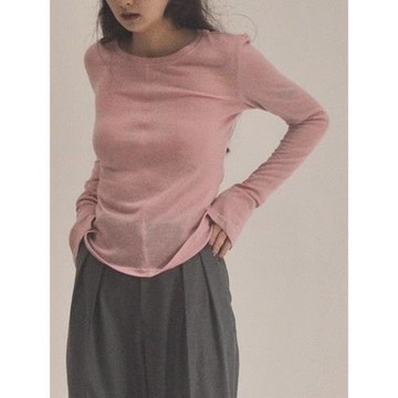 復古粉色針織長袖上衣女2025早秋新款修身內搭打底衫薄款正肩T恤