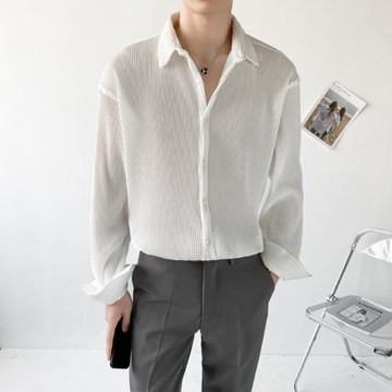 2023春秋季褶皺長袖襯衫男港風寬松ins潮流高級設計感青少年襯衣