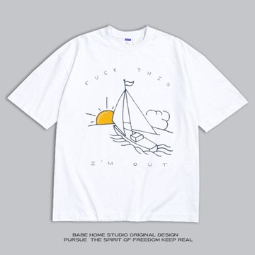 BABE HOME美式復古重磅純棉短袖半袖t恤寬松圓領輕輕的我走了慵懶