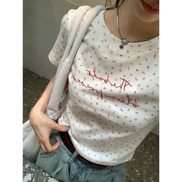 荒荒家 小碎花英文印花短袖2025夏季新款短款套頭修身正肩T恤女