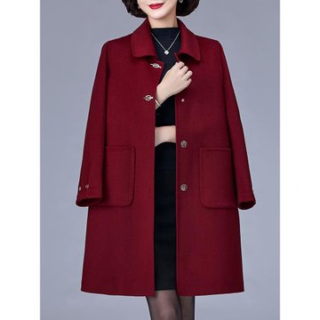 中老年媽媽紅色雙面羊絨大衣女秋冬2024新款喜婆婆婚宴裝毛呢外套