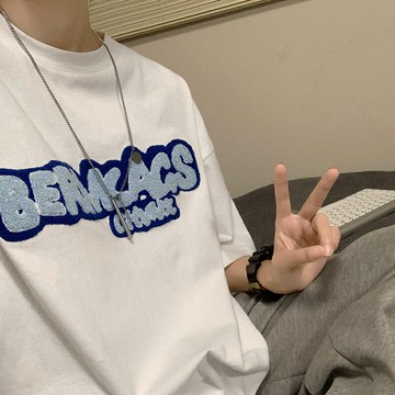 植絨刺繡短袖T恤男夏季字母印花港風潮牌青少年半袖體恤五分中袖