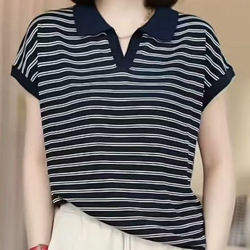 夏季顯瘦減齡洋氣百搭拼色條紋短袖Polo領女上衣 大尺碼女裝 中年女裝 POLO領短袖T恤女 短袖上衣女 POLO領上衣