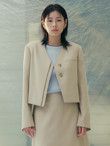 Collarless V-neck Short Jacket [Beige] (KE5211M03A)