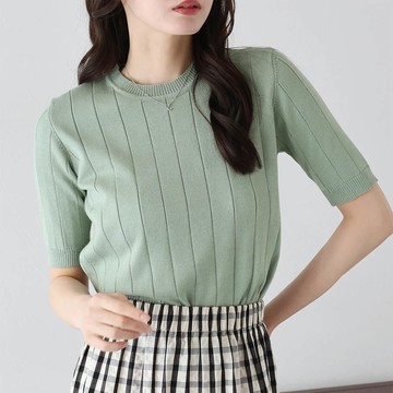 日本 BLUE EAST - 羅紋彈性薄針織短袖上衣-薄荷綠