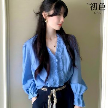 初色 法式純色木耳邊V領長袖寬鬆襯衫上衣女上衣-藍色-15784(M-2XL可選)
