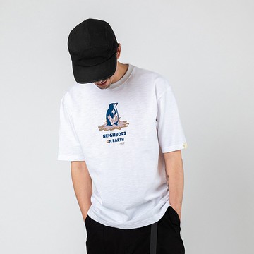 企鵝白色印花小領口廓形寬松通勤短袖棉T恤 竹節棉 街頭