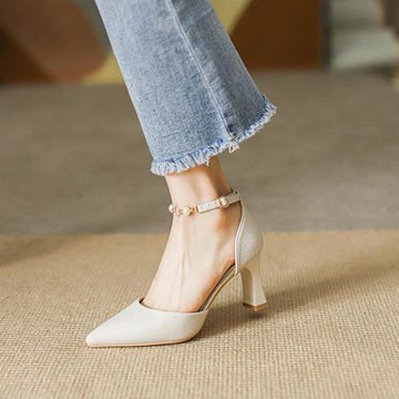 2025年夏季新款網紅尖頭高跟鞋女粗跟設計感小眾包頭中跟涼鞋單鞋