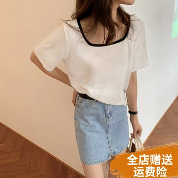 大碼夏季2022年新款心機鎖骨方領上衣女韓版寬松網紅短袖t恤ins潮