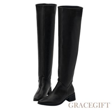 【Grace Gift】高級氣場方頭2way皮革過膝堆堆長靴 黑