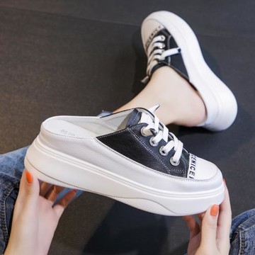 內增高包頭半拖鞋女夏百搭休閑一腳蹬懶人鞋松糕厚底白色真皮涼拖